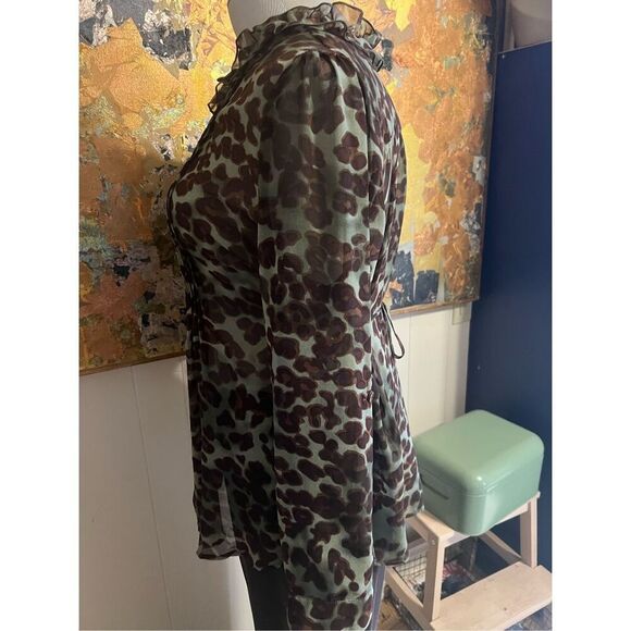 Perch Sheer Animal Print Green Tie Back Blouse W/ Ruffles 2x - Picture 5 of 8